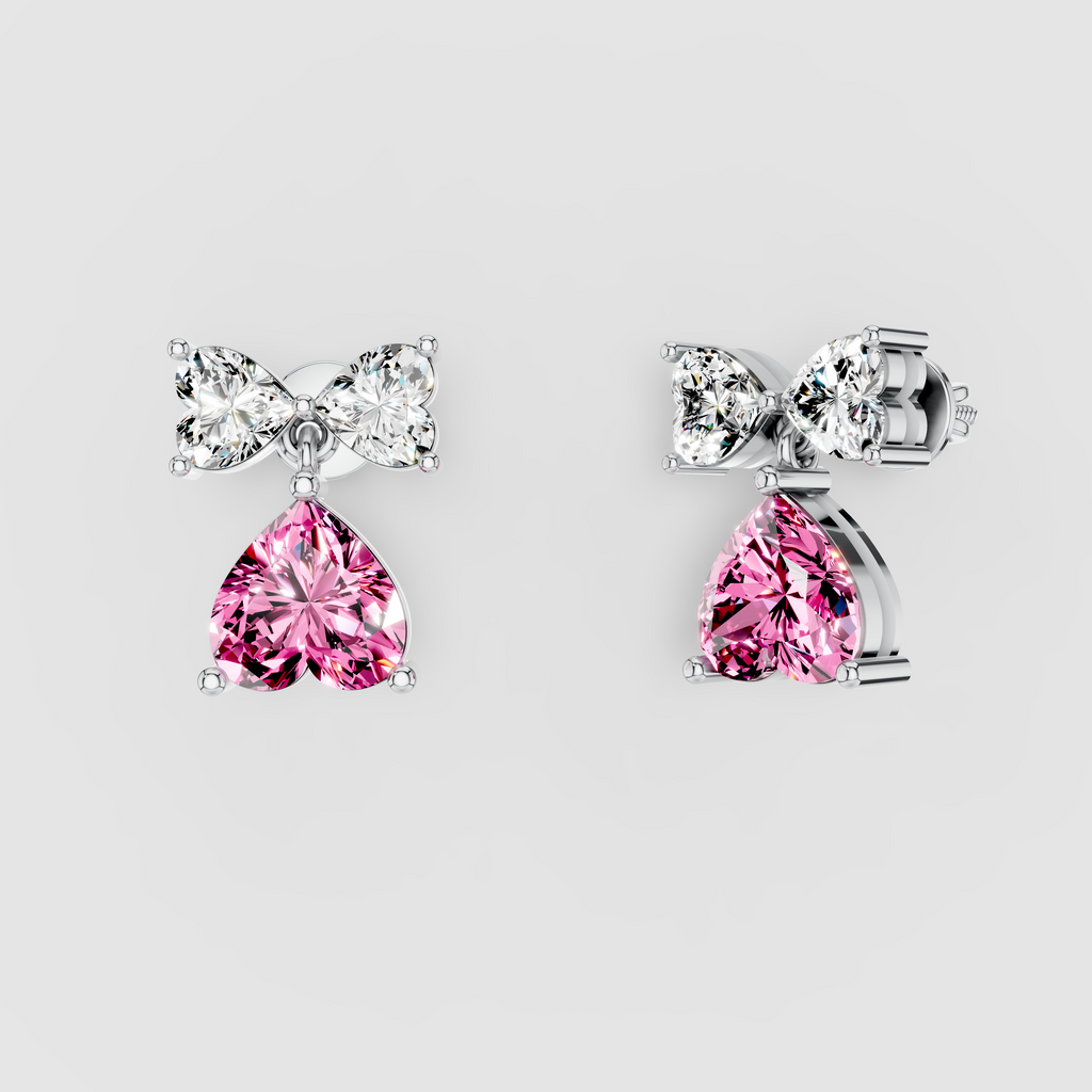 Cynthia - Solid 18K Gold Heart-Cut Pink Sapphire & Moissanite Dangle Earrings"