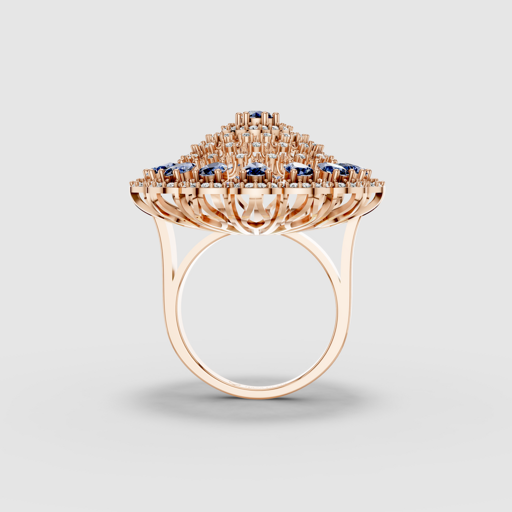 Adeline - Solid 18K Gold Pear Blue Sapphire & Pavé Moissanite Sunburst Ring