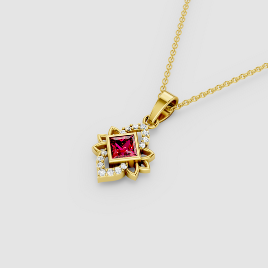 Nicole - Solid 18K Gold Princess-Cut Red Garnet & Moissanite Starburst Pendant"