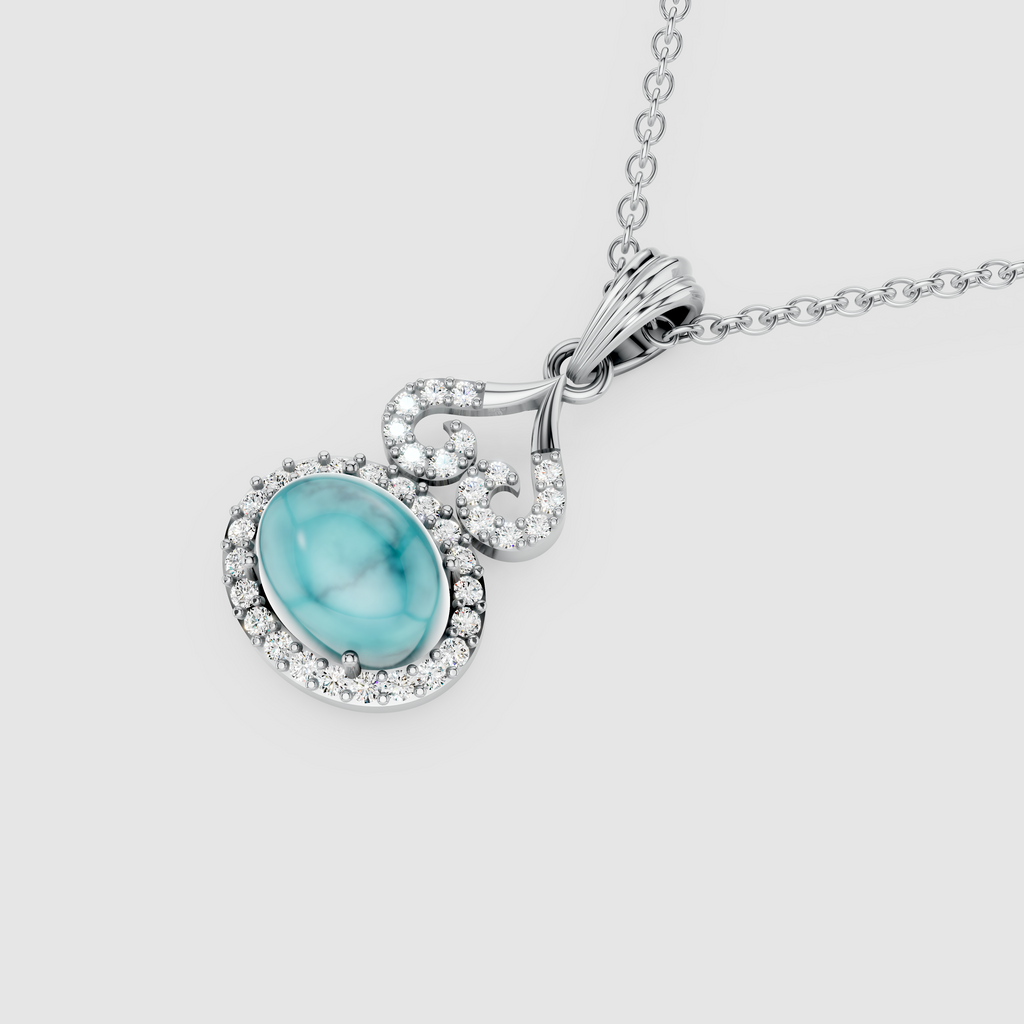 Jasmine – 18K Gold Oval Turquoise (Firoza) & Moissanite Halo Vintage Scroll Pendant