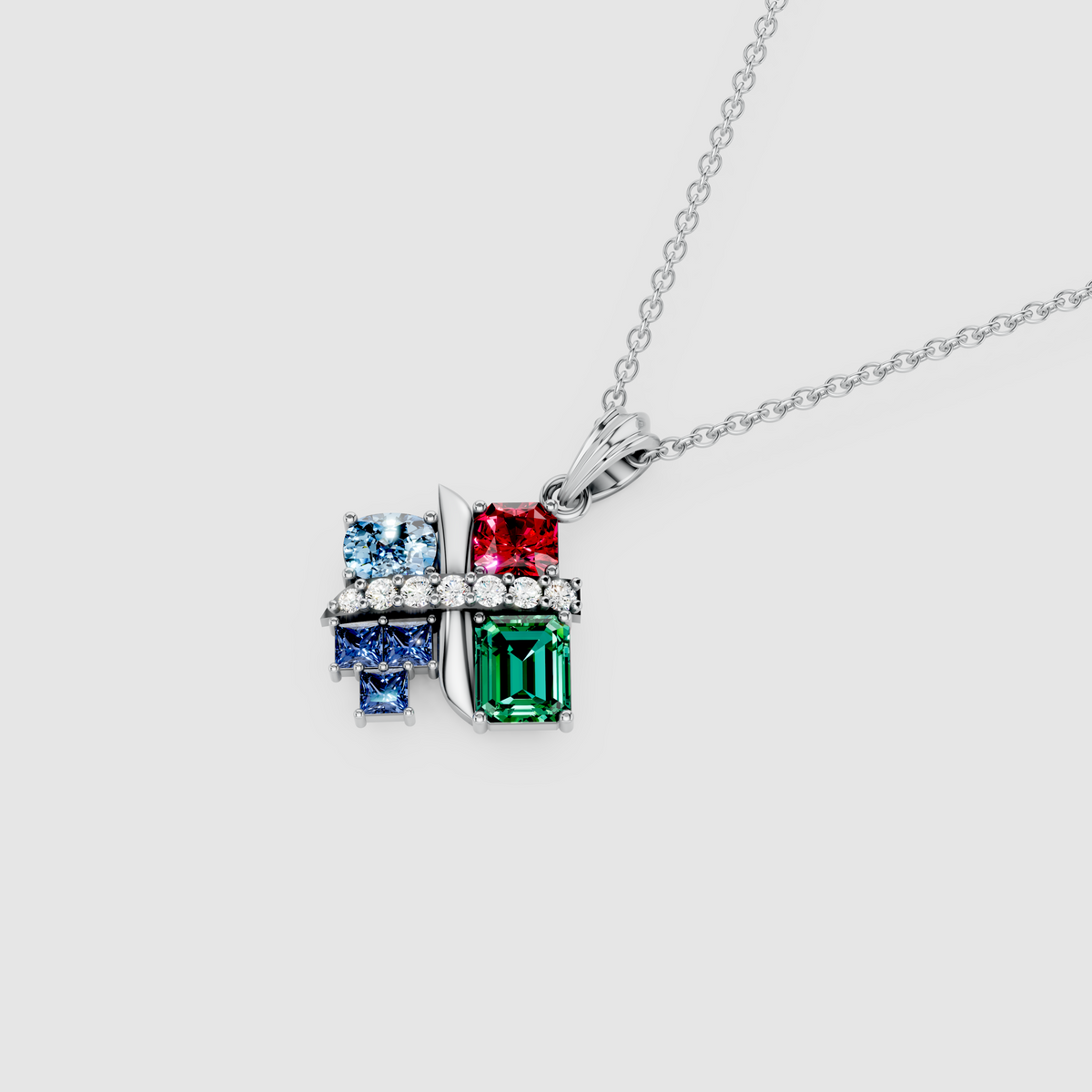 Iris – 18K Gold Multi-Gemstone Mosaic Pendant with Emerald, Ruby, Blue Sapphire, Sky Blue Topaz & Moissanite