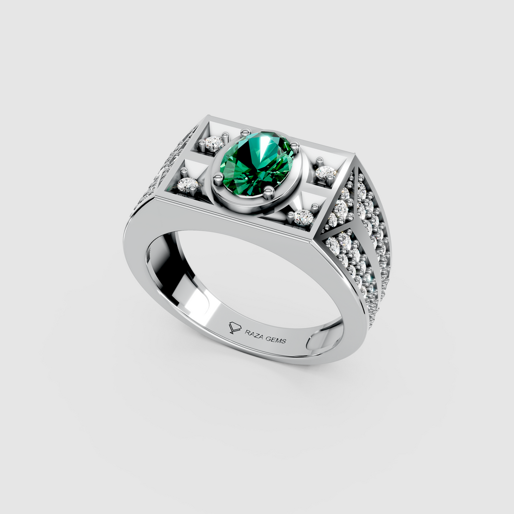 Arabella – Oval Emerald Men's Ring with Moissanite Accents in 18KT Gold