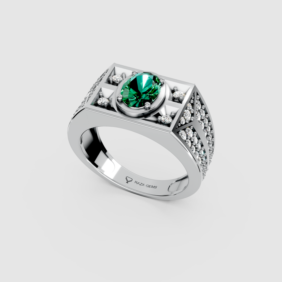 Arabella – Oval Emerald Men's Ring with Moissanite Accents in 18KT Gold