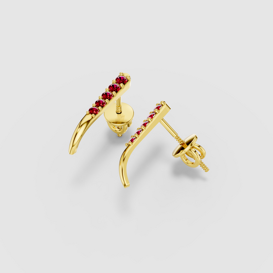 Mary - 18K Gold Ruby Vertical Bar Ear Climber Stud Earrings"