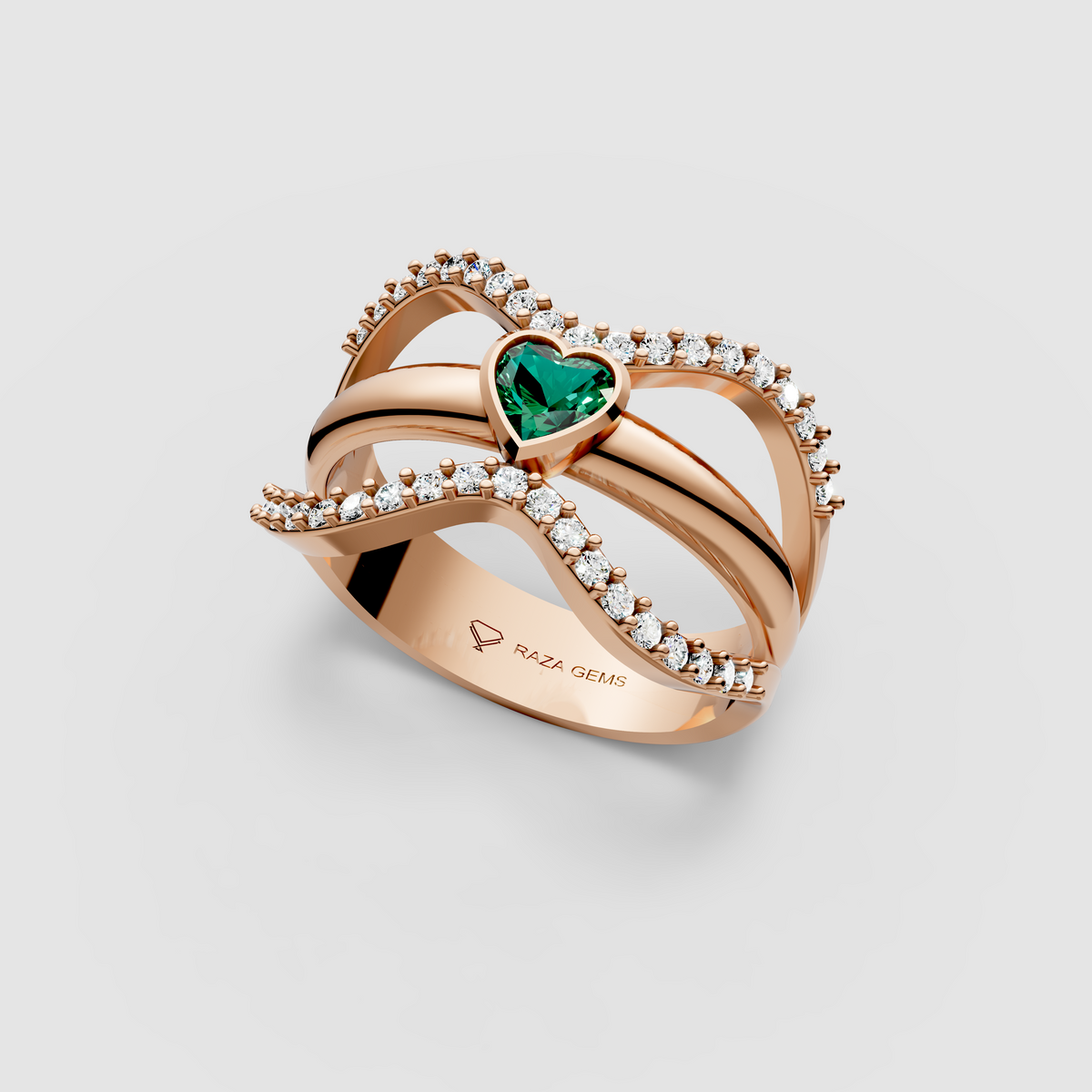 Imogen – 18K Solid Gold Heart Emerald & Moissanite Wide Band Ring