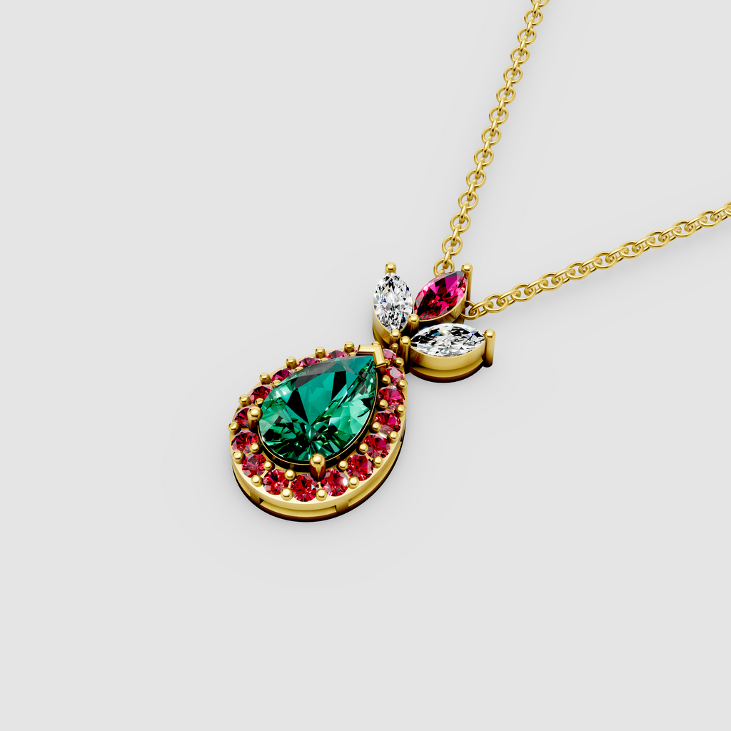Linda - 18K Gold Pear Emerald Pendant with Ruby Halo & Moissanite Crown"
