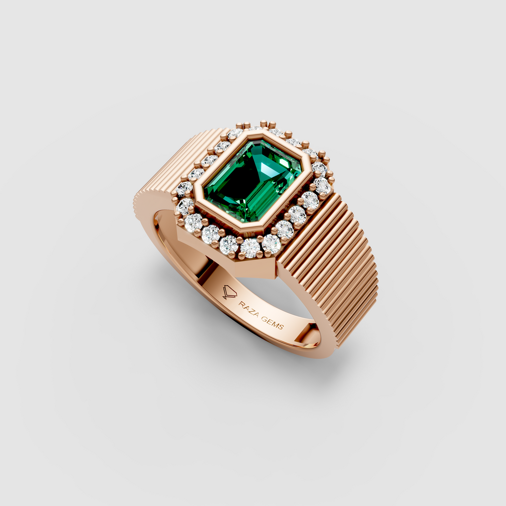 Raya – 18K Solid Gold Emerald Cut Emerald & Halo Fluted Band