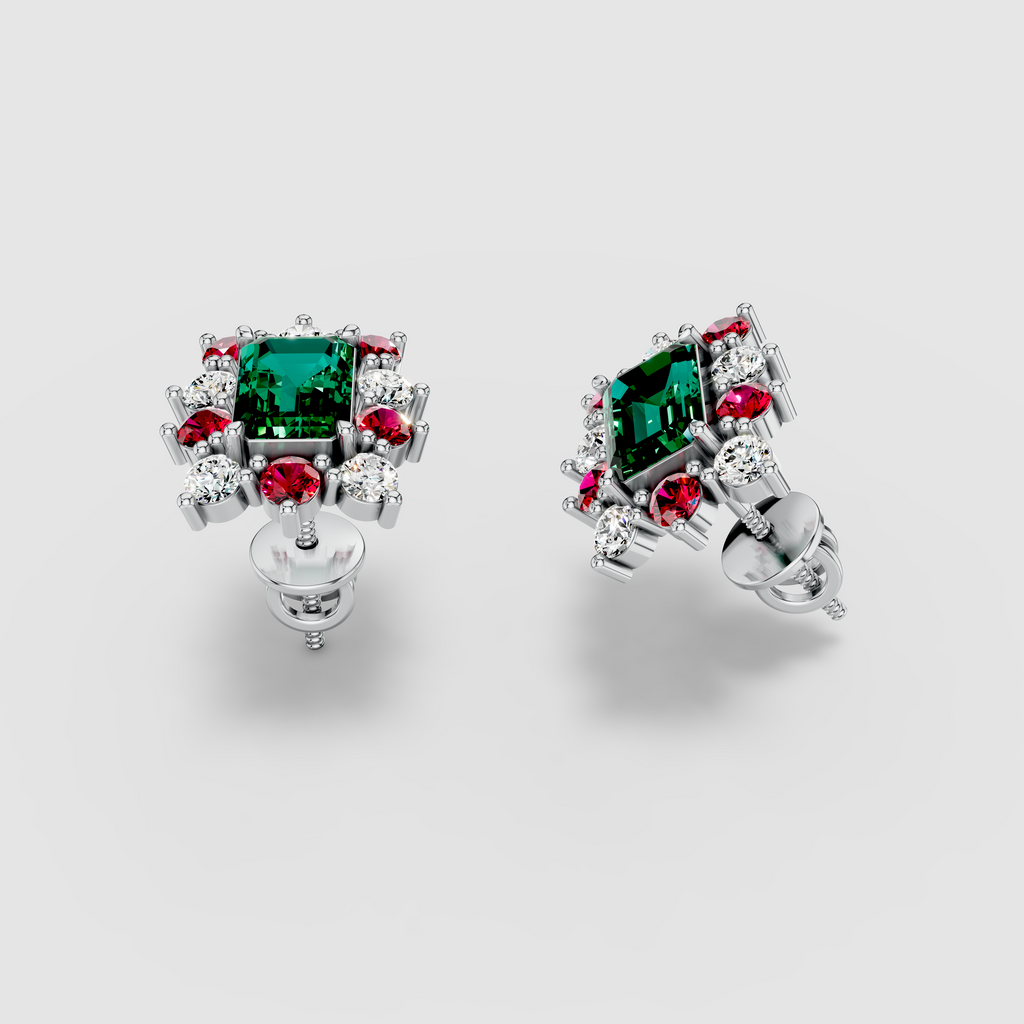 Deborah - Solid 18K Gold Emerald Gemstone with Ruby & Moissanite Starburst Halo Earrings" (Luxurious & Catchy)