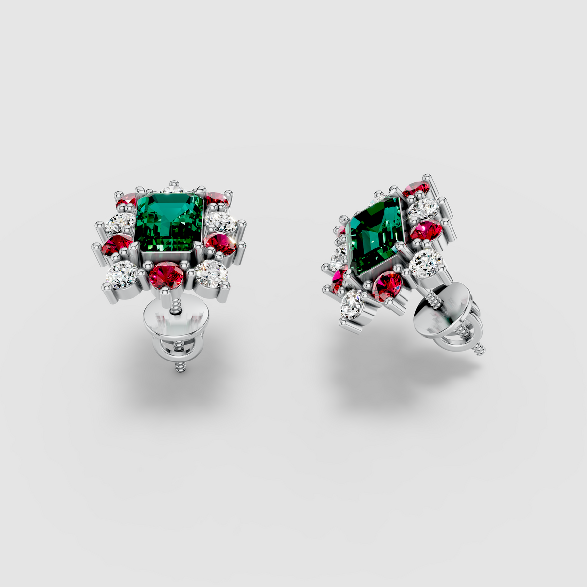 Deborah - Solid 18K Gold Emerald Gemstone with Ruby & Moissanite Starburst Halo Earrings" (Luxurious & Catchy)