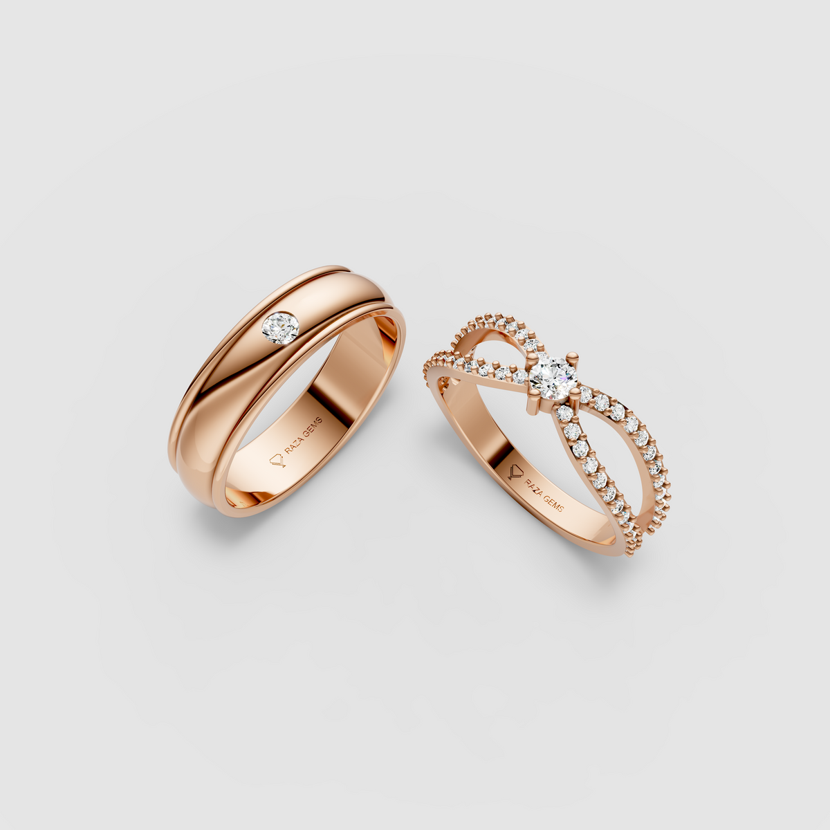 Delilah – 18K Solid Gold Moissanite Crossover Solitaire & Flush-Set Band Set