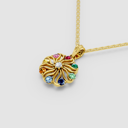 Rainbow Swirl – Natural Multi-Gemstone Pinwheel Floral Pendant in 18KT Gold