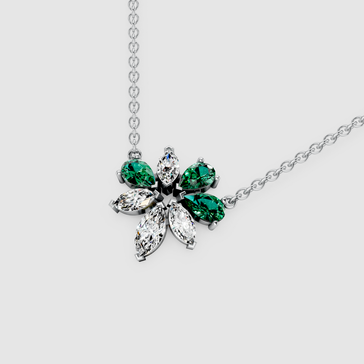 Blooming Chloe – Pear Cut Emerald & Marquise Moissanite Flower Pendant in 18KT Gold