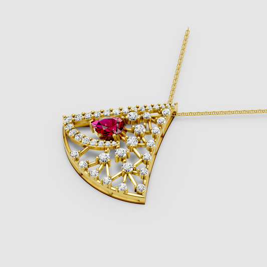 Aurora – Pear Ruby Solitaire Fan-Shaped Pendant with Moissanite in 18KT Gold