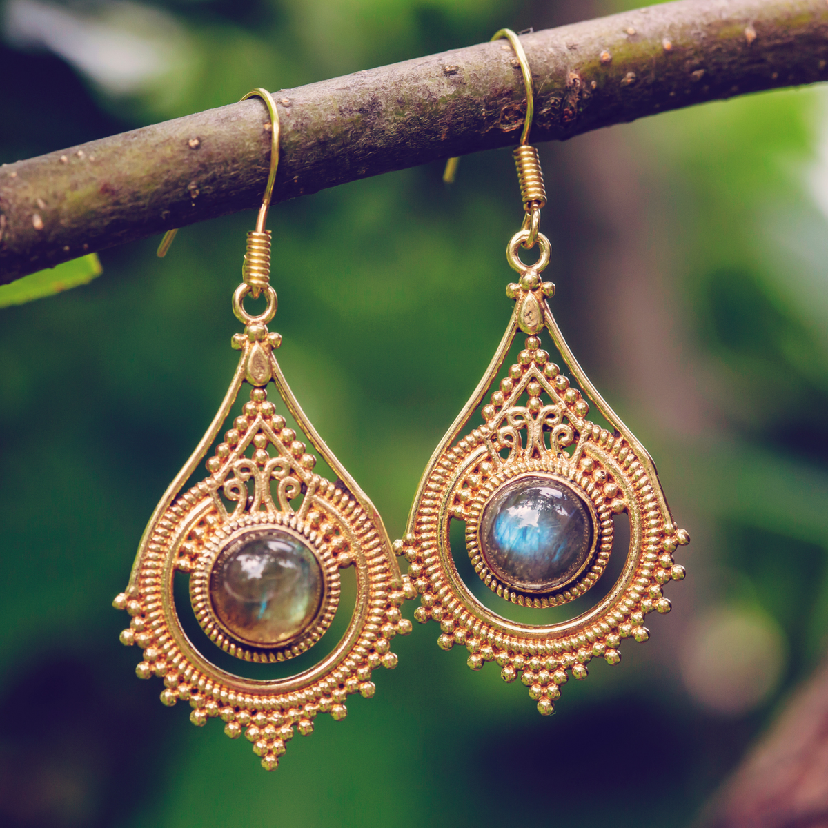 Black Moon Stone In 18K Yellow Gold Earrings for Women (EAR0270)