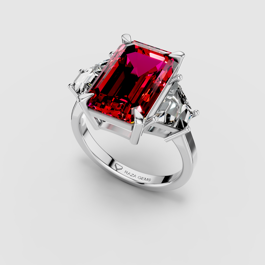 Olivia - 18K Gold Three-Stone Ruby & Moissanite Engagement Ring"