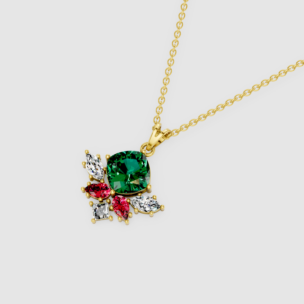 Amelia – 18K Gold Cushion Emerald Cluster Pendant with Ruby & Marquise Moissanite