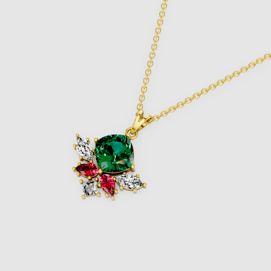 Amelia – 18K Gold Cushion Emerald Cluster Pendant with Ruby & Marquise Moissanite