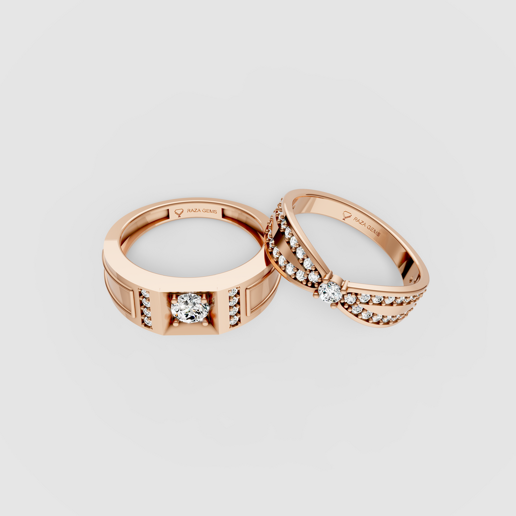 Harriet – 18K Solid Gold Moissanite Bow Crossover & Modern Signet Couple Ring Set