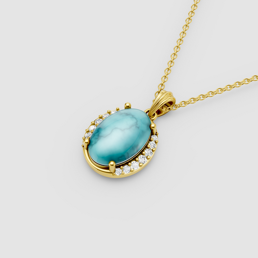 Mary - 18K Gold Oval Turquoise (Firoza) Pendant with Moissanite Accents"