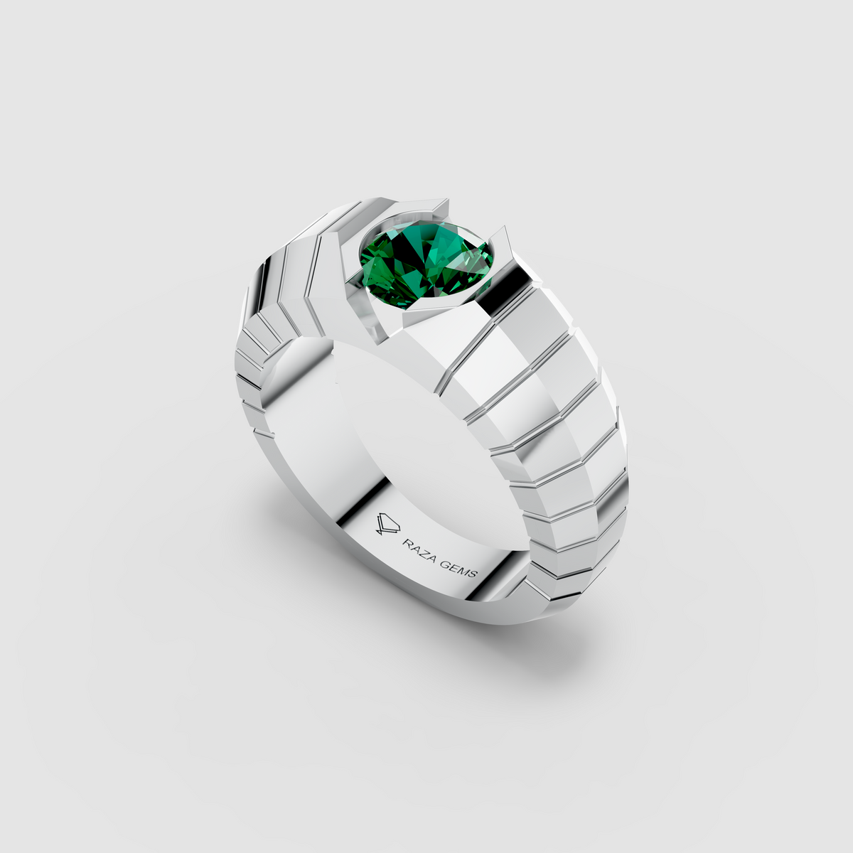 Elisa - 18K Gold Round Emerald Tension-Style Signet Ring