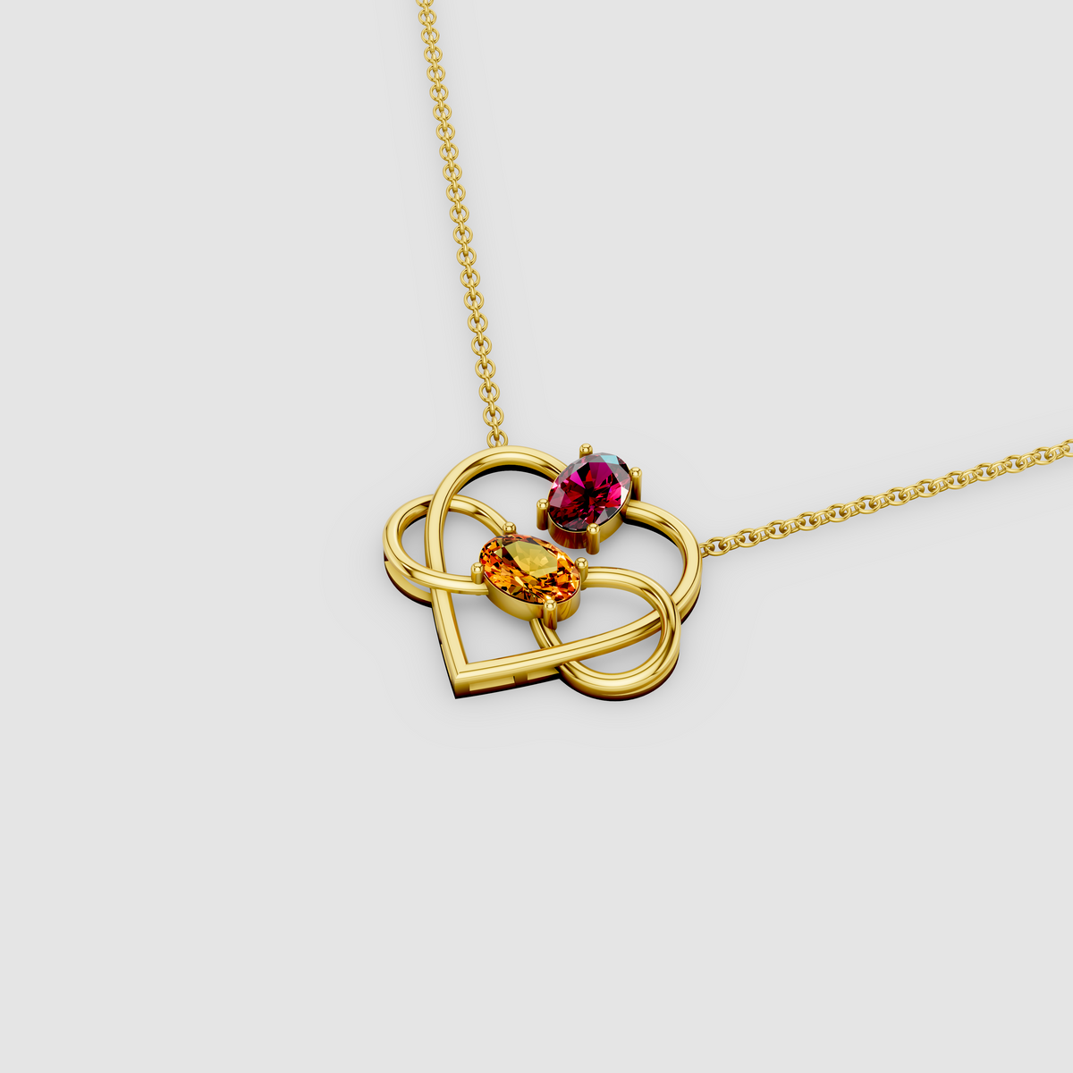 Eternal Embrace – 18K Gold Interlocking Infinity Heart Garnet & Citrine Pendant