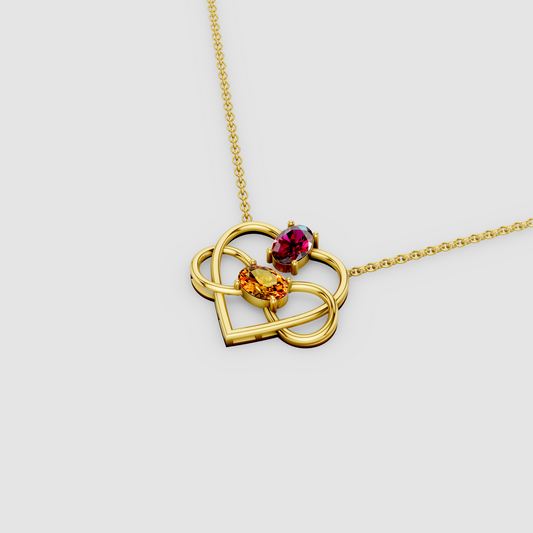 Eternal Embrace – 18K Gold Interlocking Infinity Heart Garnet & Citrine Pendant