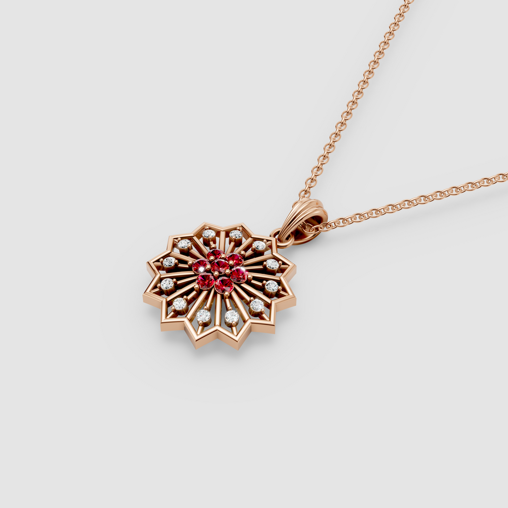 Michelle - Solid 18K Gold Ruby & Moissanite Geometric Starburst Medallion"