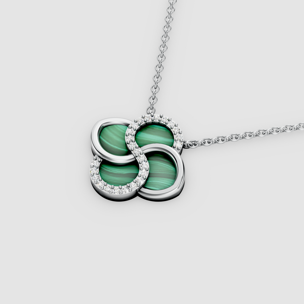 Celestia – 18K Gold Malachite Four-Petal Pinwheel Pendant with Moissanite Swirl