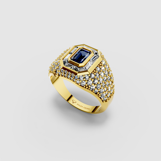Adeline - Solid 18K Gold Emerald-Cut Sapphire with Baguette & Pavé Moissanite Halo Ring