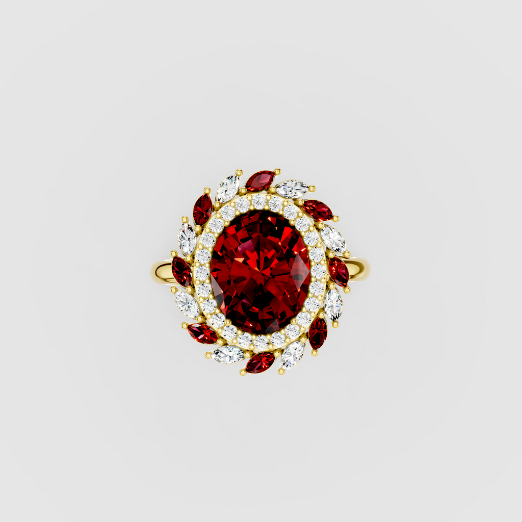 Olivia - Solid 18K Gold Oval Ruby & Marquise Moissanite Cluster Ring