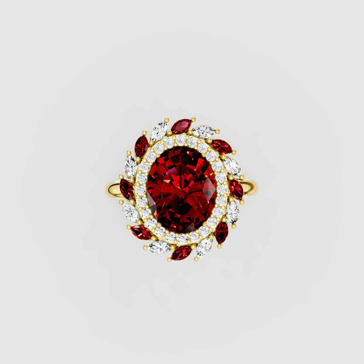 Olivia - Solid 18K Gold Oval Ruby & Marquise Moissanite Cluster Ring