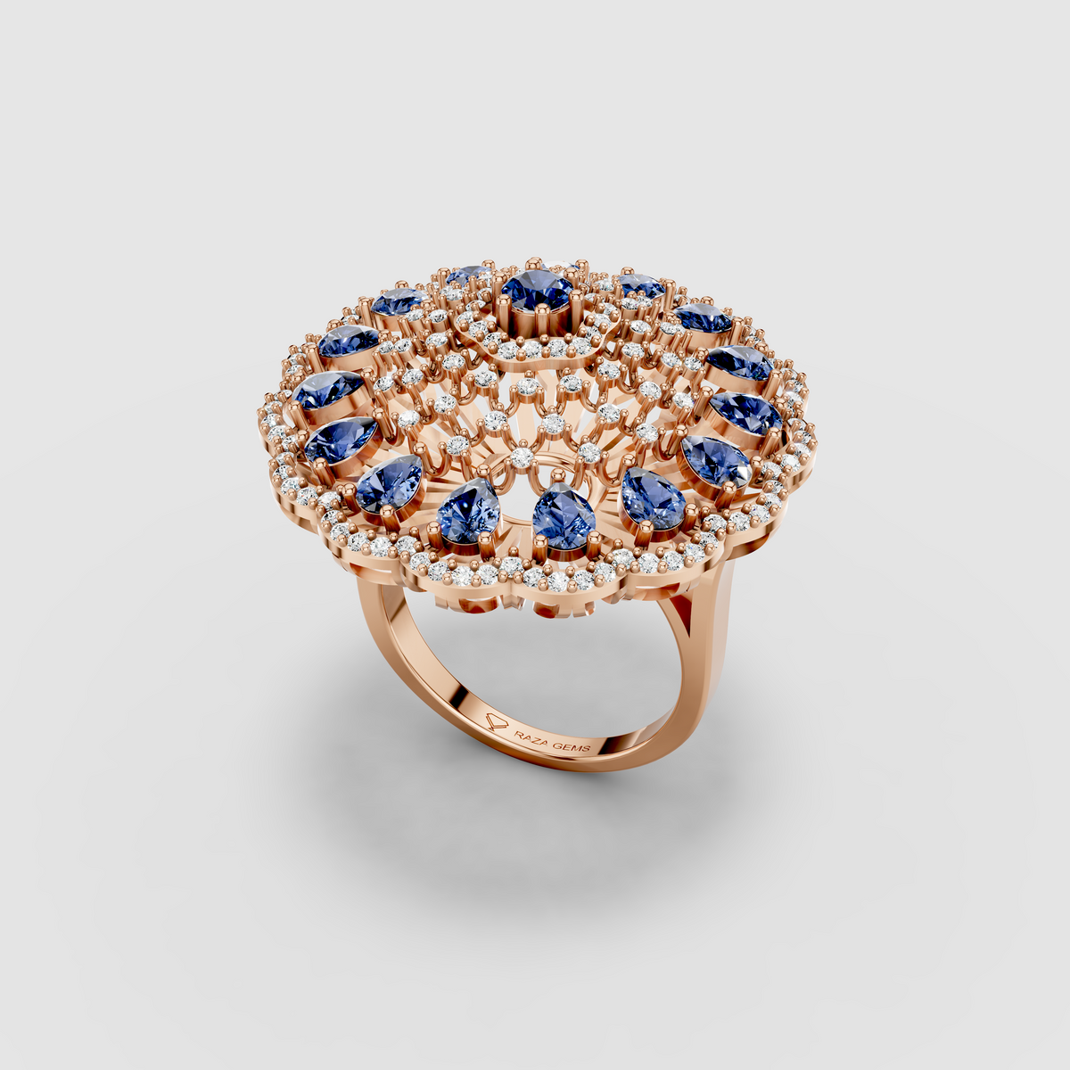 Adeline - Solid 18K Gold Pear Blue Sapphire & Pavé Moissanite Sunburst Ring