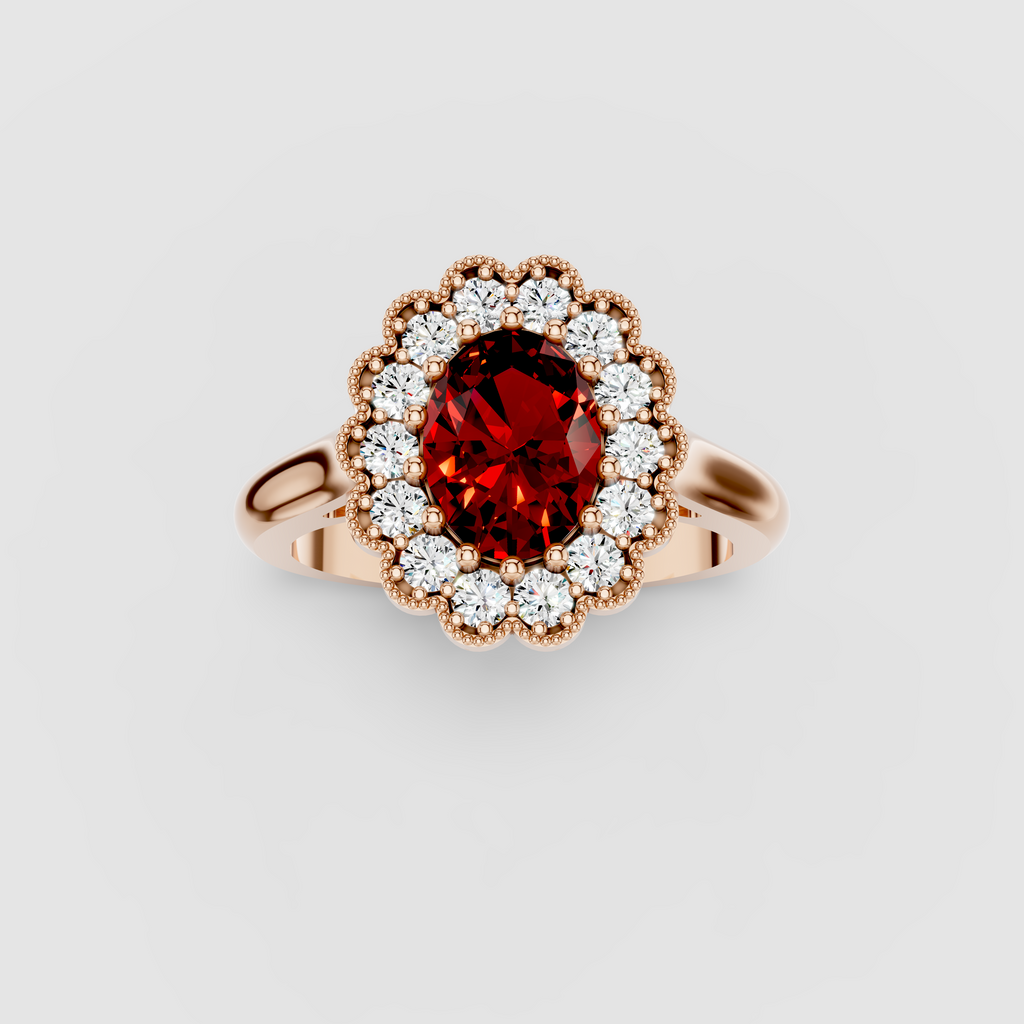 Mia - 18K Gold Oval Ruby & Scalloped Moissanite Halo Ring