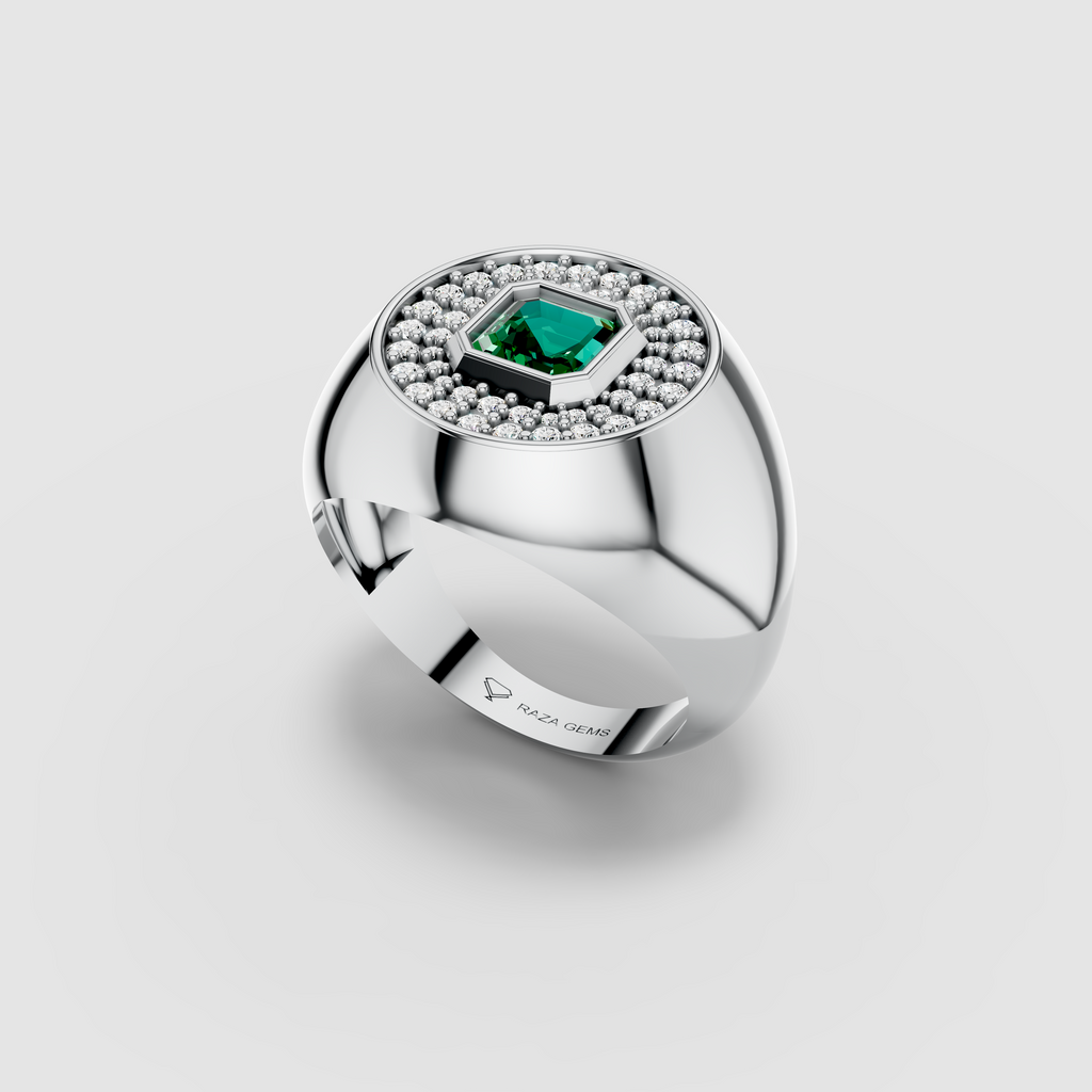 Sophia - 18K Gold Emerald & Circular Moissanite Halo Dome Rin