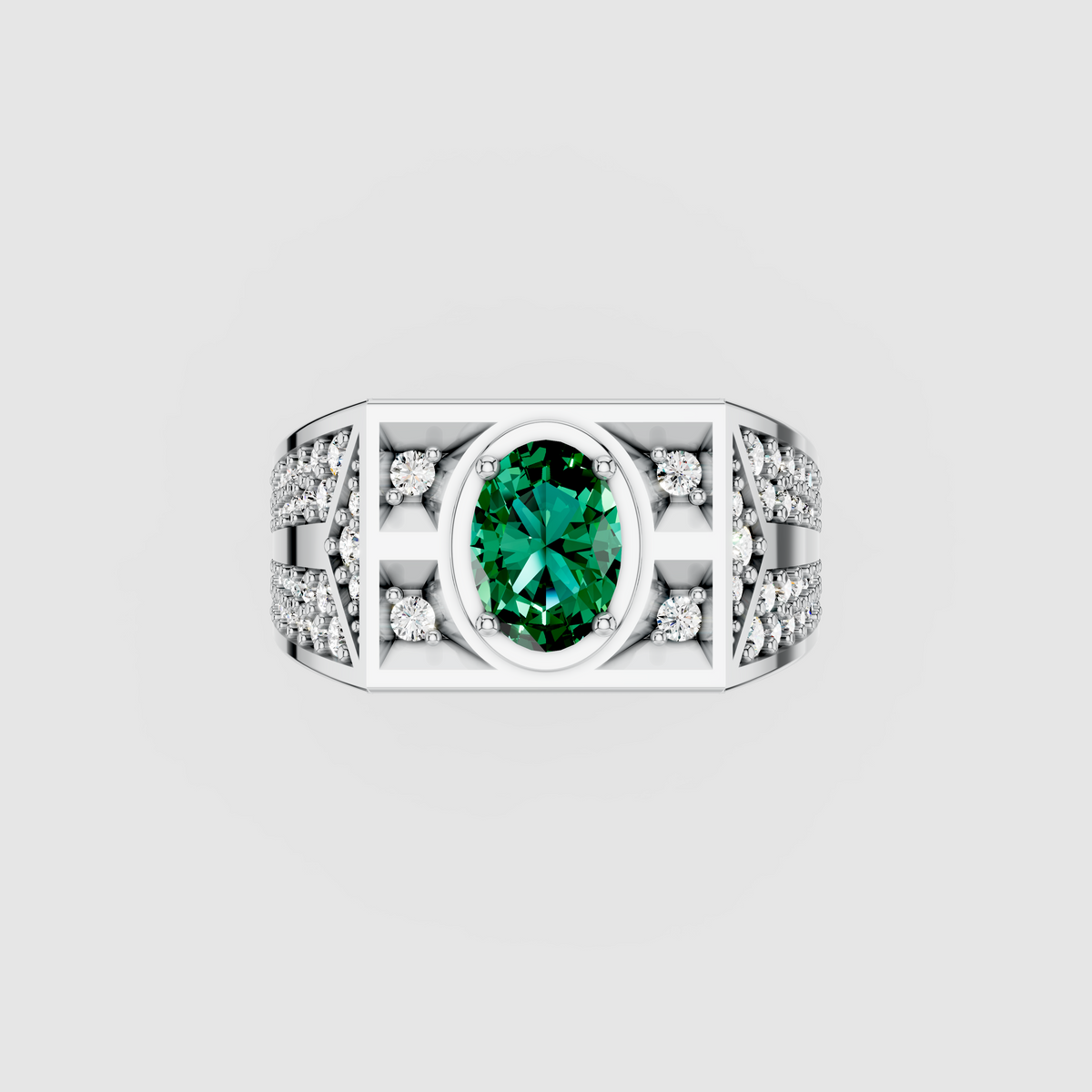 Arabella – Oval Emerald Men's Ring with Moissanite Accents in 18KT Gold