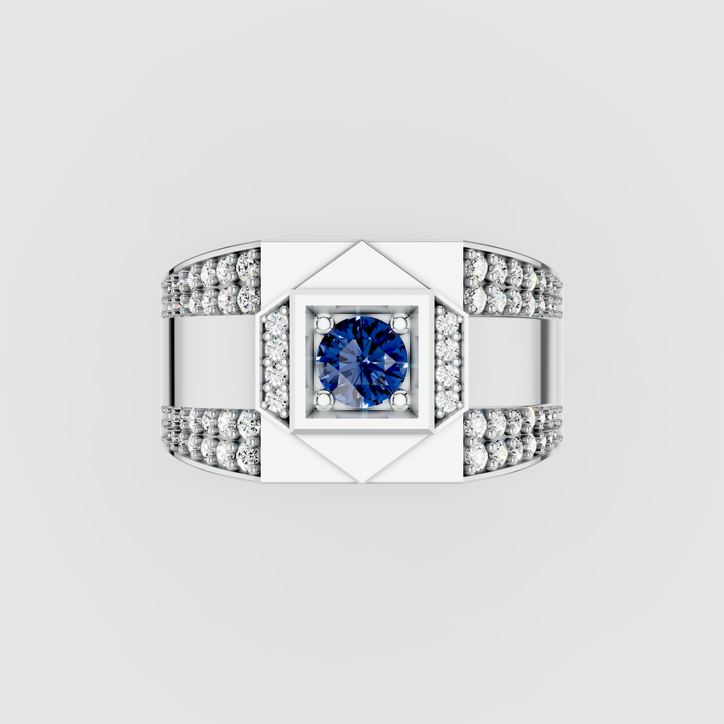 Hazel - Solid 18K Gold Blue Sapphire Square Focal & Pavé Moissanite Band