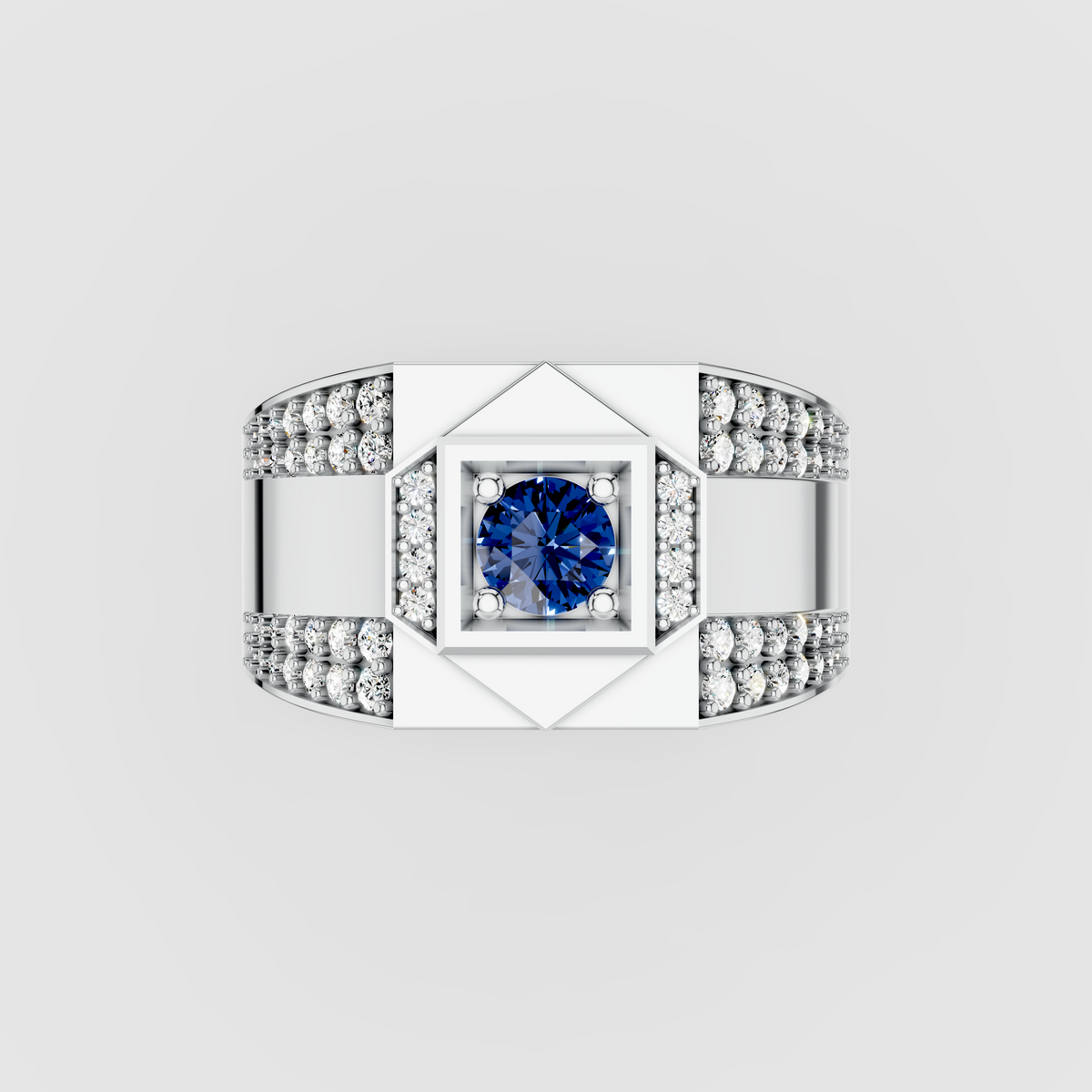 Hazel - Solid 18K Gold Blue Sapphire Square Focal & Pavé Moissanite Band