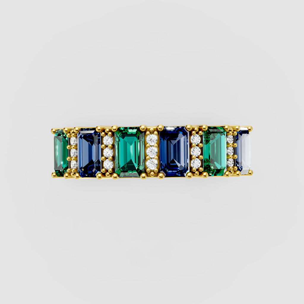Evelyn - 18K Gold Emerald-Cut Emerald & Blue Sapphire Moissanite Band