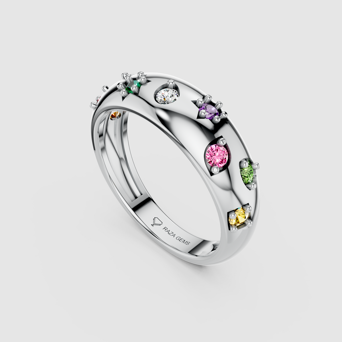 Maisie – Starburst Multi-Color Gemstone Dome Band in 18KT Gold