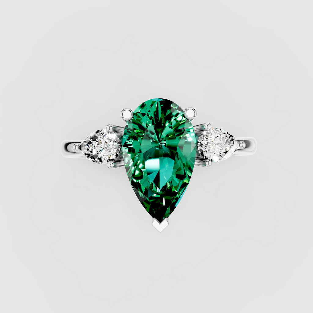 Sophia - Solid 18K Gold Pear Emerald with Pear Moissanite Side Stones
