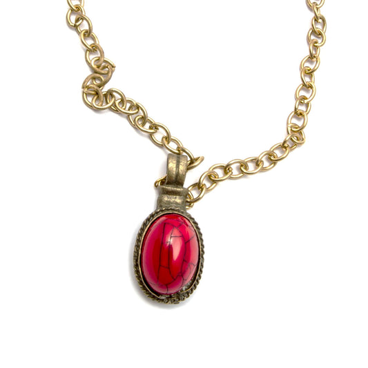 Red Syntatic Stone With 18K Yellow Gold Oval Shape Pendant (PEN0145)