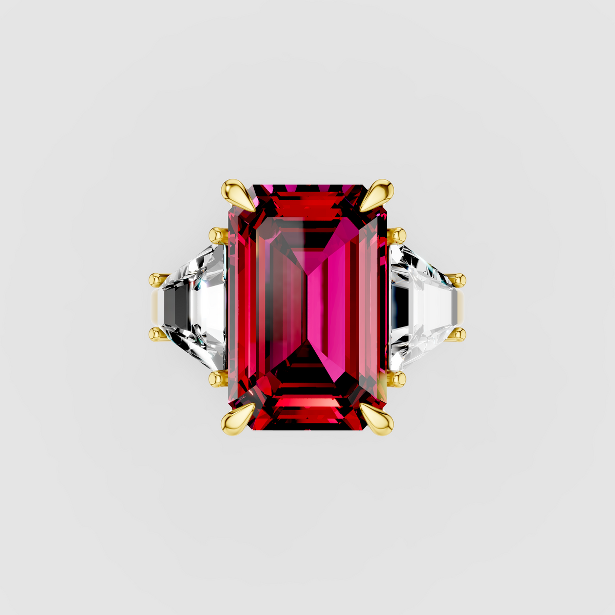 Olivia - 18K Gold Three-Stone Ruby & Moissanite Engagement Ring"