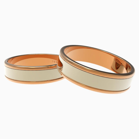 Couple 18K Yellow Gold Ring Flat Handcrafted Enamel Ceramic Circled