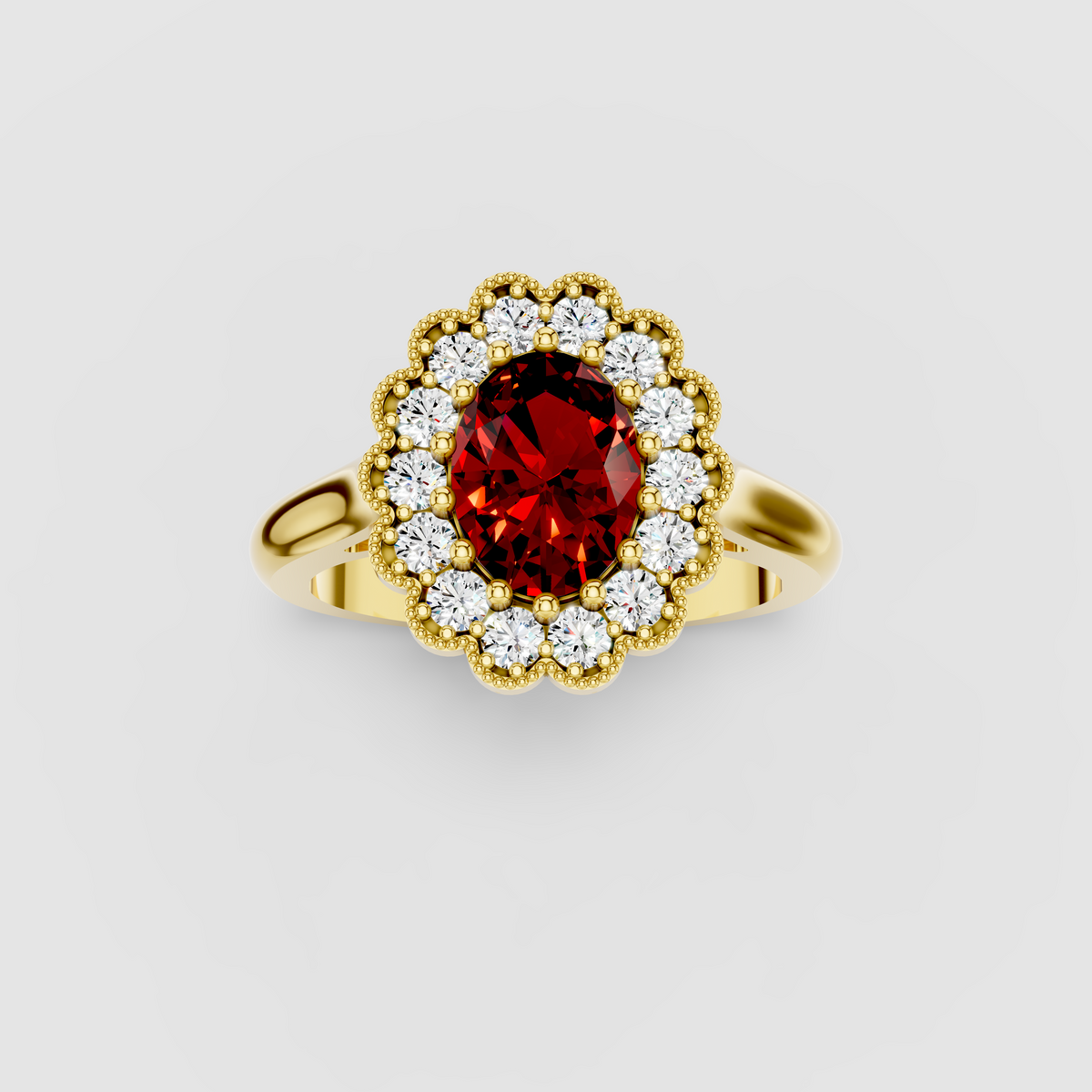 Mia - 18K Gold Oval Ruby & Scalloped Moissanite Halo Ring