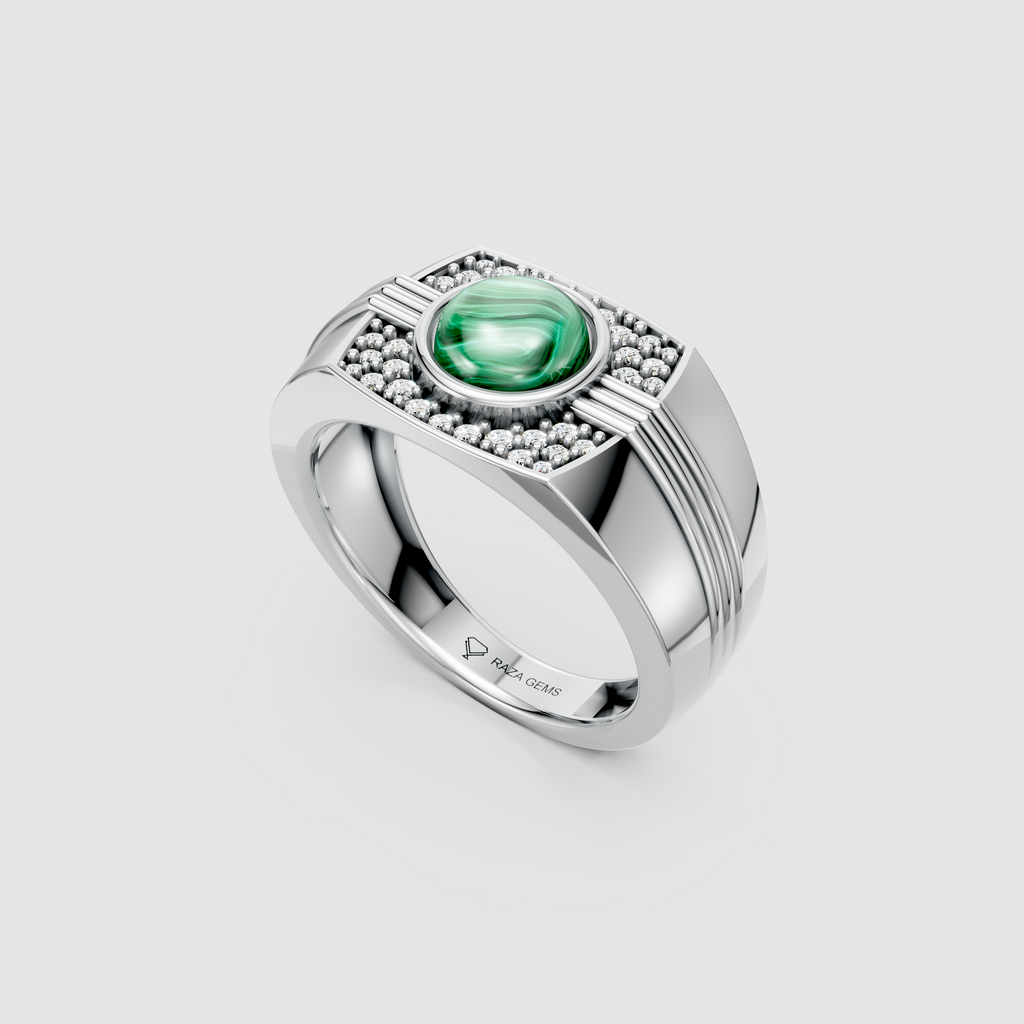 Phoebe – Natural Round Malachite & Moissanite Men's Ring in 18KT Gold