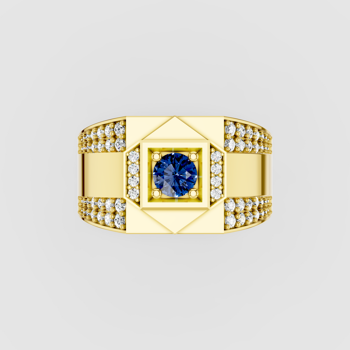 Hazel - Solid 18K Gold Blue Sapphire Square Focal & Pavé Moissanite Band