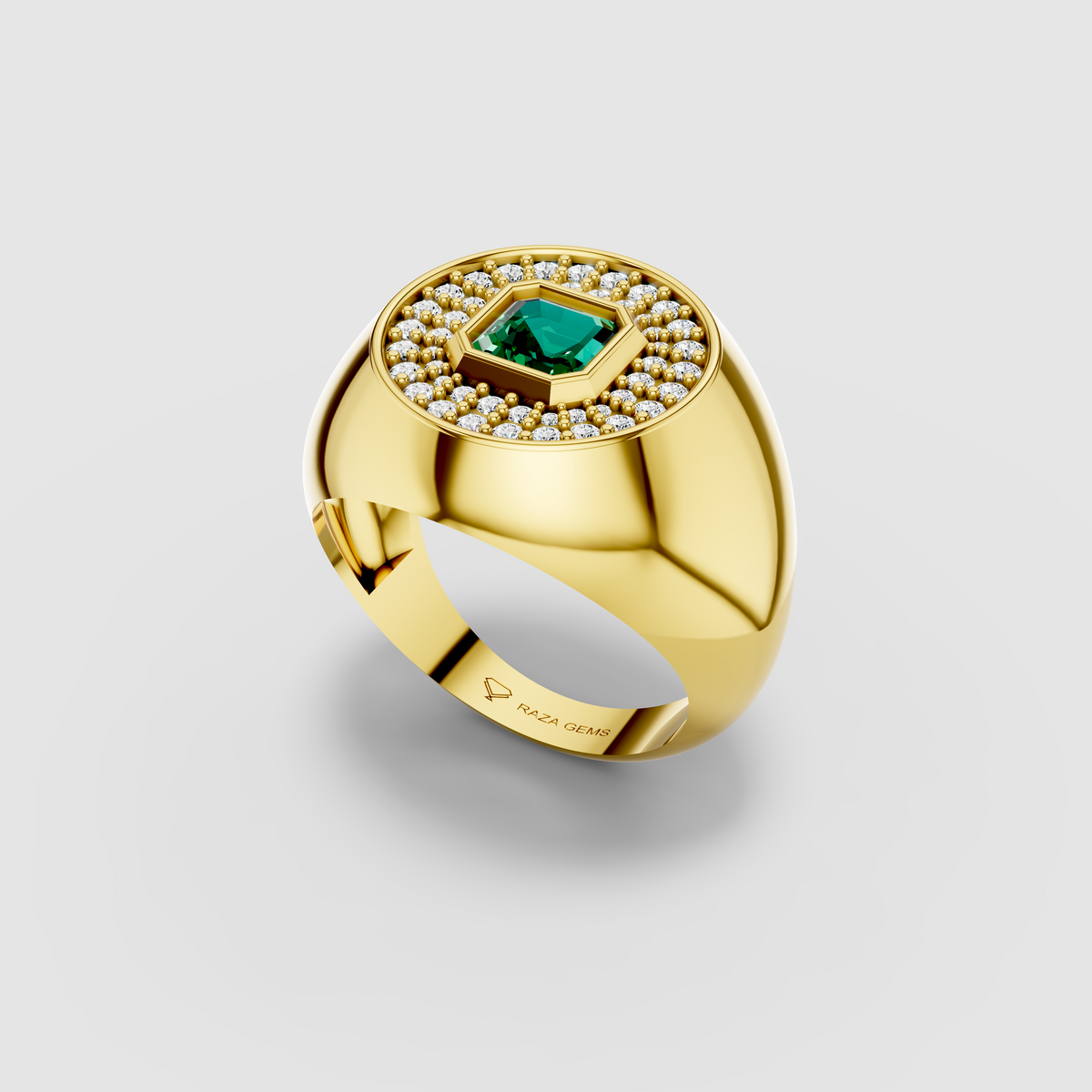 Sophia - 18K Gold Emerald & Circular Moissanite Halo Dome Rin