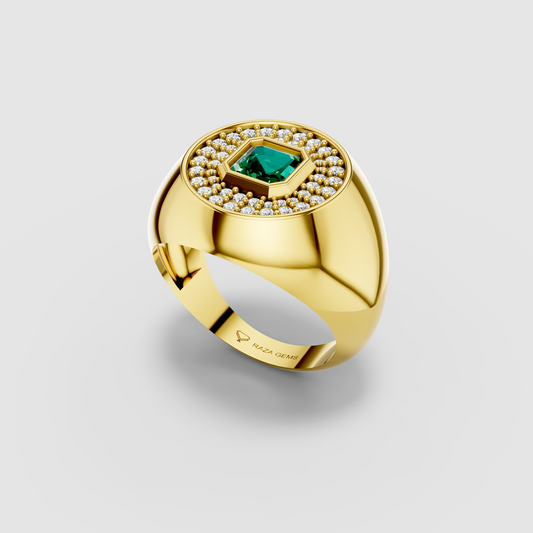 Sophia - 18K Gold Emerald & Circular Moissanite Halo Dome Rin