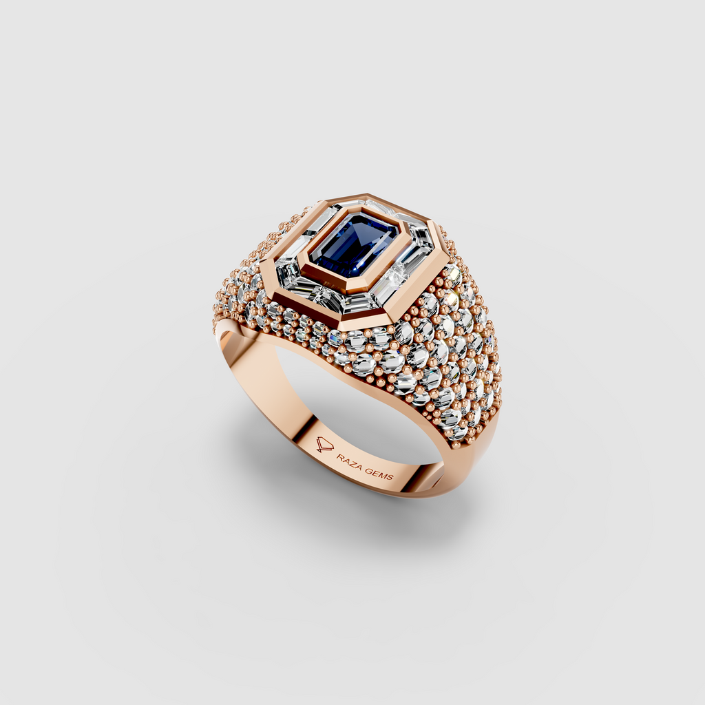 Adeline - Solid 18K Gold Emerald-Cut Sapphire with Baguette & Pavé Moissanite Halo Ring