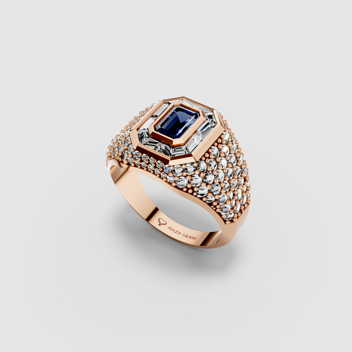 Adeline - Solid 18K Gold Emerald-Cut Sapphire with Baguette & Pavé Moissanite Halo Ring